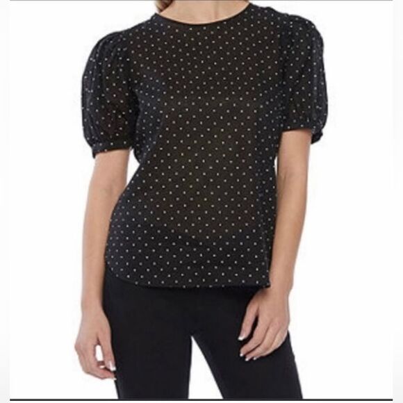 Worthington L Black Polka Dots LINEN Blend Shrtslvs Women’s Top Blouse - Picture 9 of 9